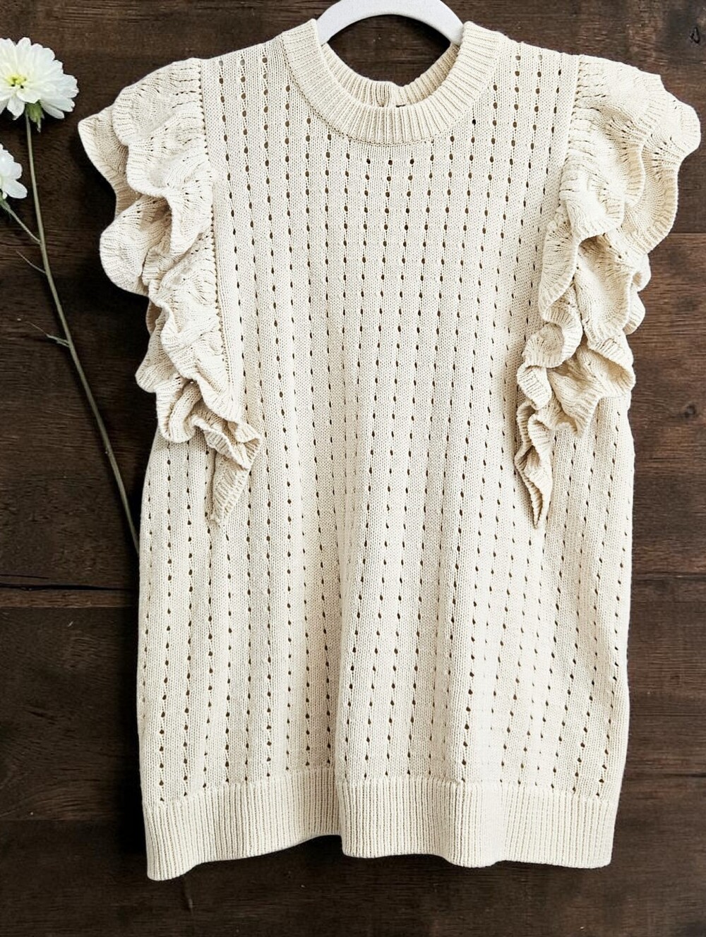 Who What Wear Cream Eyelet Knit Ruffle Sleeve Crewneck Sweater